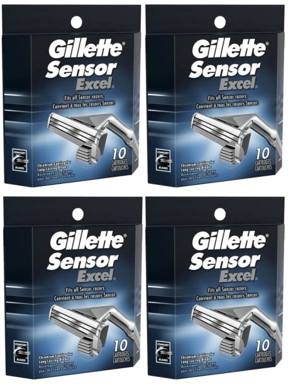 4 Pack Men's Gillette Sensor Excel Refills - 10 per pack, Fits All Sensor Razors